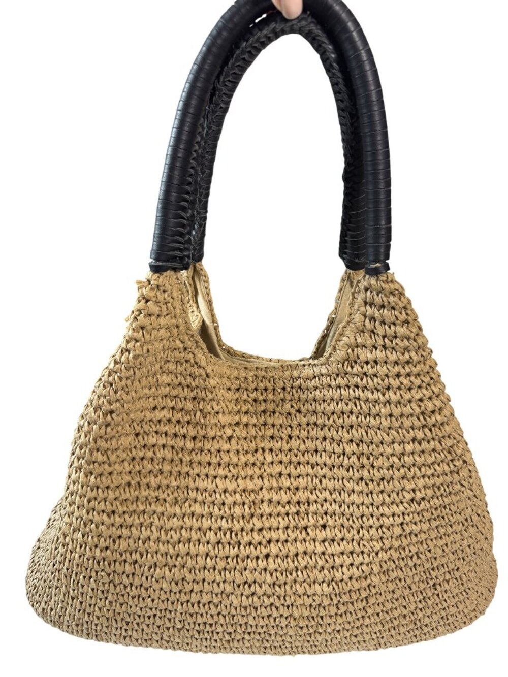 Natural Straw Woven Tote Bag With Black Wrapped Handles 14"x10"x4" Spacious Desi